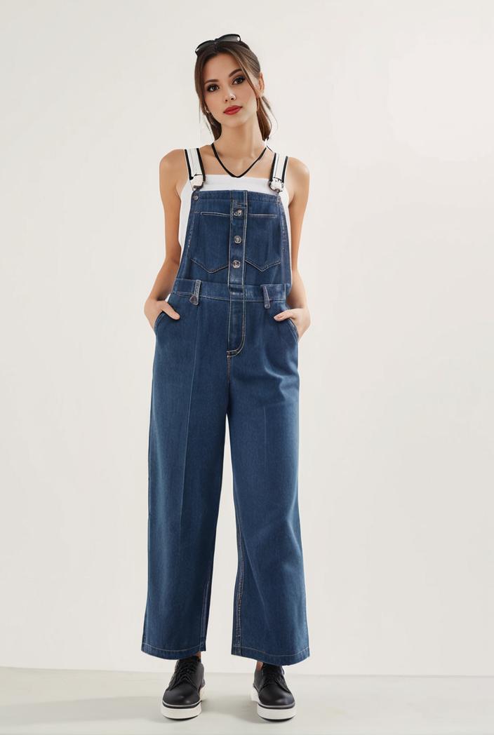 relaxed fit blue denim romper with slant pockets distressed denim coverall stylish women s denim outfit 119830