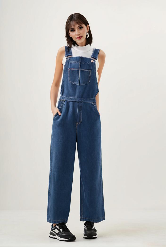relaxed fit blue denim romper with slant pockets distressed denim coverall stylish women s denim outfit 119832