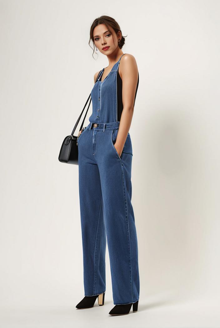 relaxed fit blue denim romper with slant pockets distressed denim coverall stylish women s denim outfit 119834