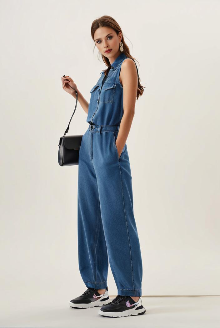 relaxed fit blue denim romper with slant pockets distressed denim coverall stylish women s denim outfit 119837