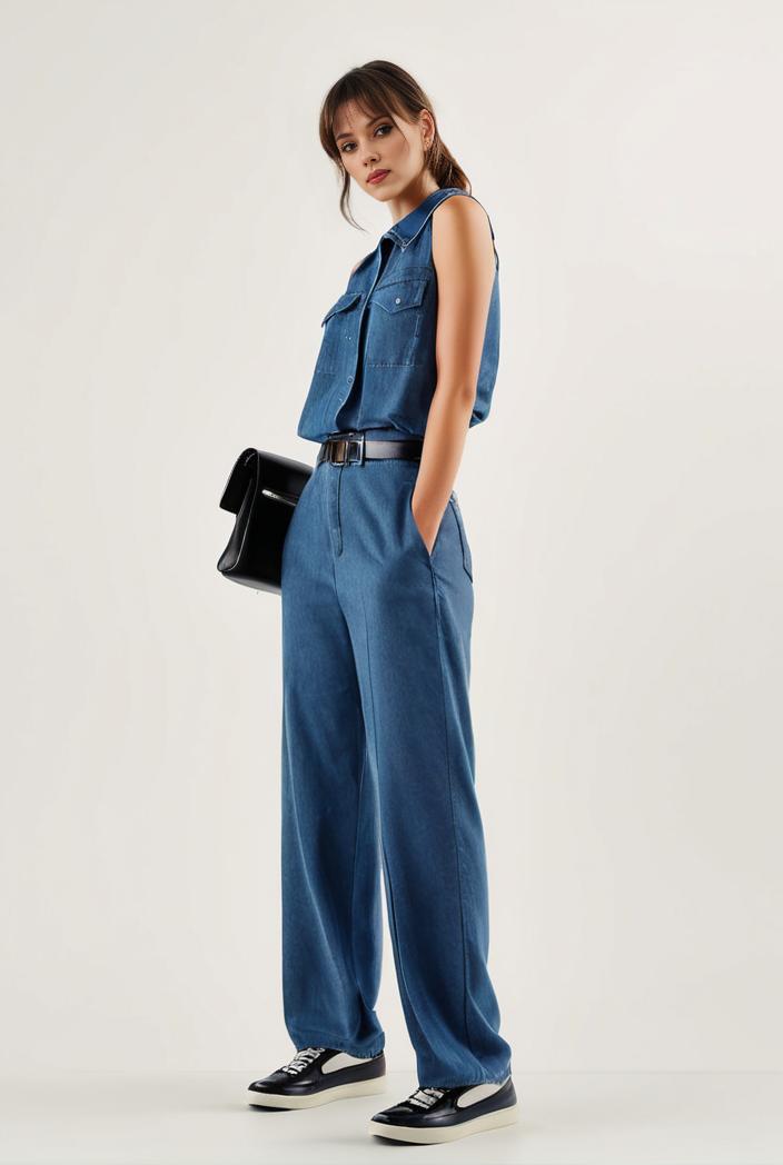 relaxed fit blue denim romper with slant pockets distressed denim coverall stylish women s denim outfit 119838