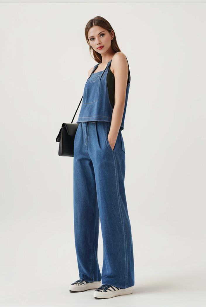 relaxed fit blue denim romper with slant pockets distressed denim coverall stylish women s denim outfit 119839