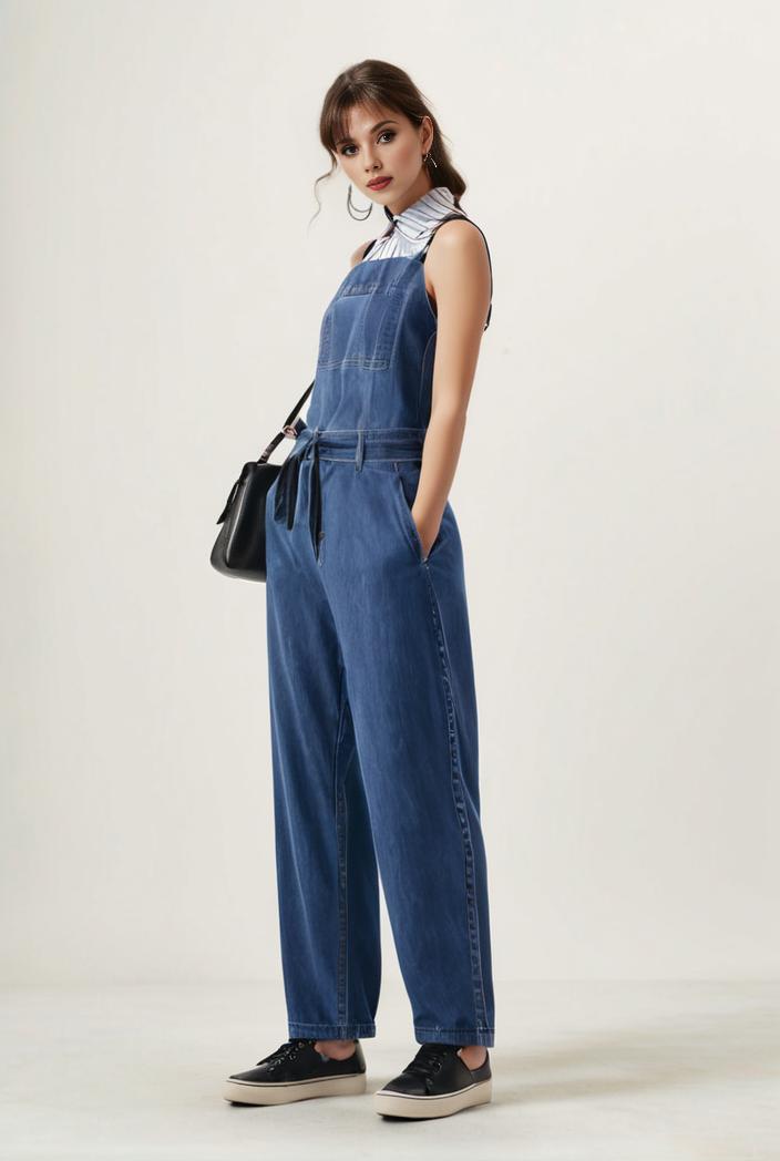 relaxed fit blue denim romper with slant pockets distressed denim coverall stylish women s denim outfit 119840