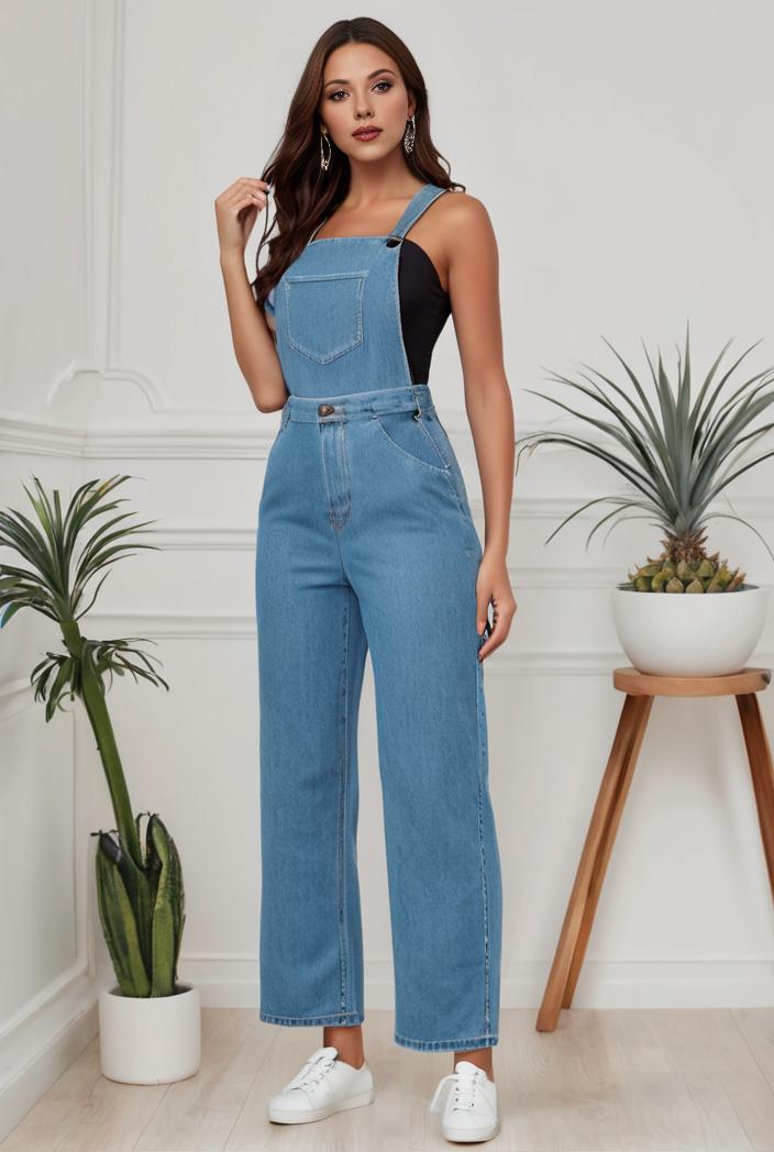 relaxed fit denim jumpsuit with slant pockets non elastic washed denim overalls women s denim apparel 119841