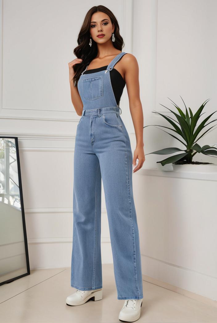 relaxed fit denim jumpsuit with slant pockets non elastic washed denim overalls women s denim apparel 119842