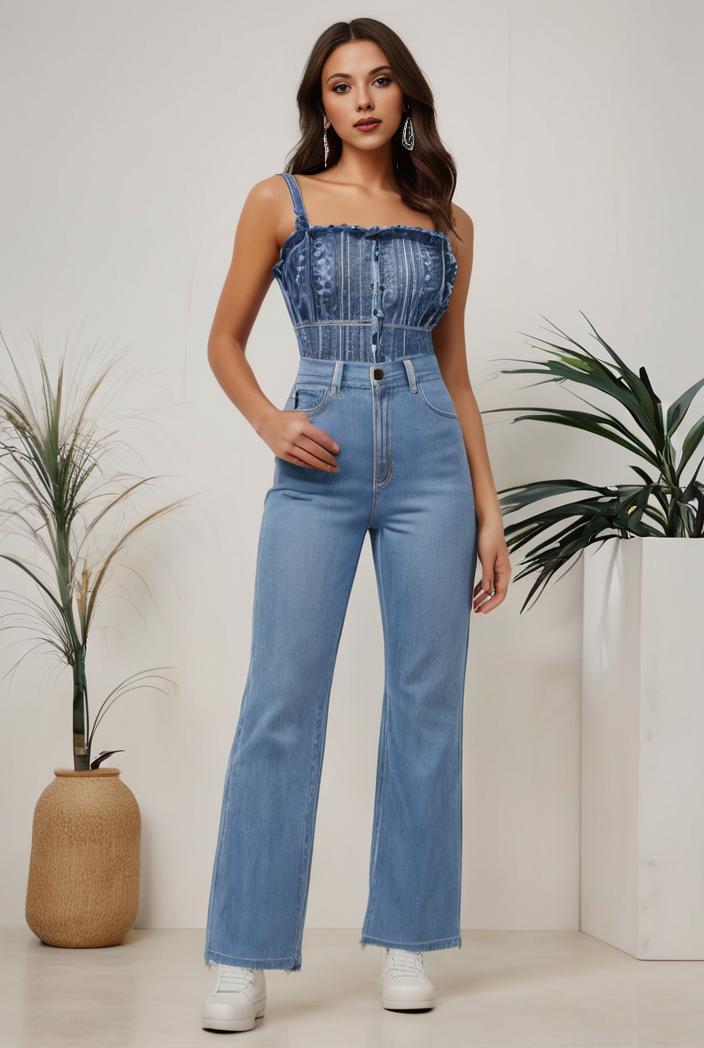 relaxed fit denim jumpsuit with slant pockets non elastic washed denim overalls women s denim apparel 119850