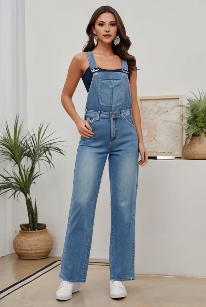 relaxed fit denim jumpsuit with slant pockets non elastic washed denim overalls women s denim apparel 119853