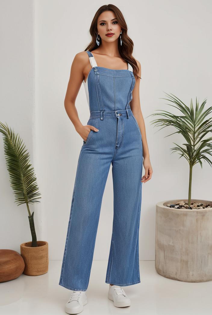 relaxed fit denim jumpsuit with slant pockets non elastic washed denim overalls women s denim apparel 119855