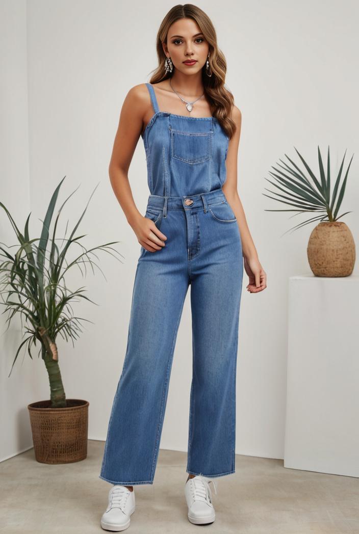 relaxed fit denim jumpsuit with slant pockets non elastic washed denim overalls women s denim apparel 119856
