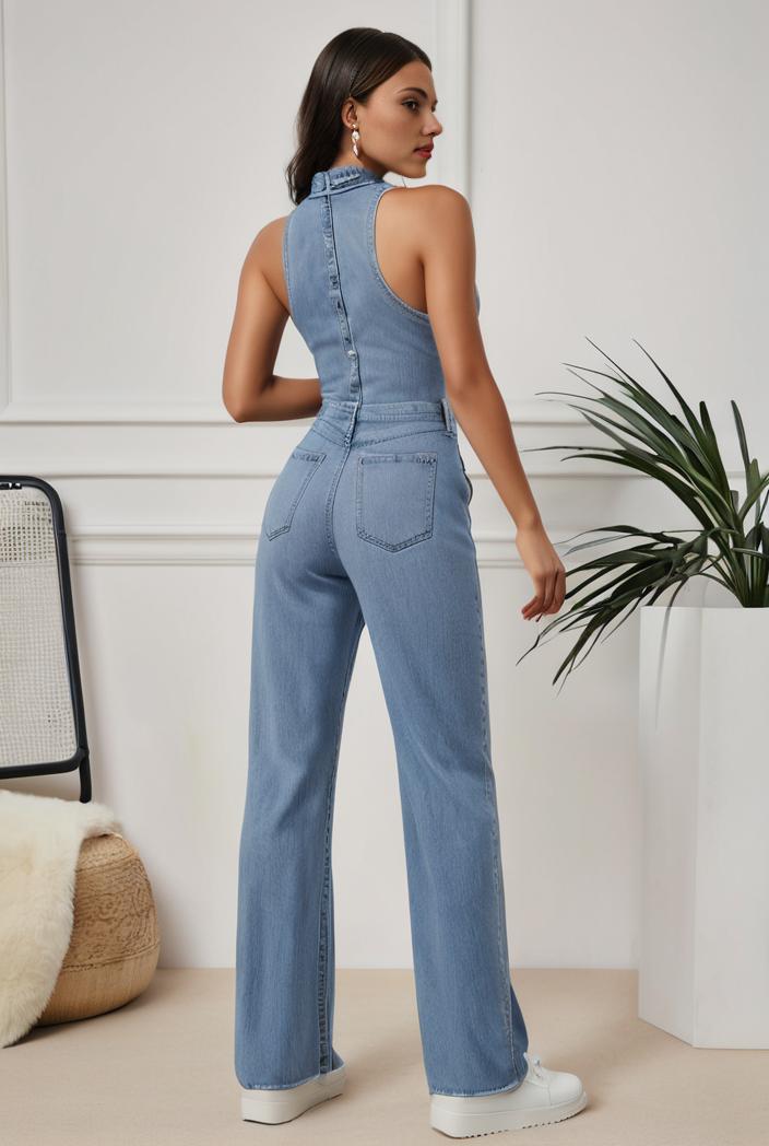 relaxed fit denim jumpsuit with slant pockets non elastic washed denim overalls women s denim apparel 119858