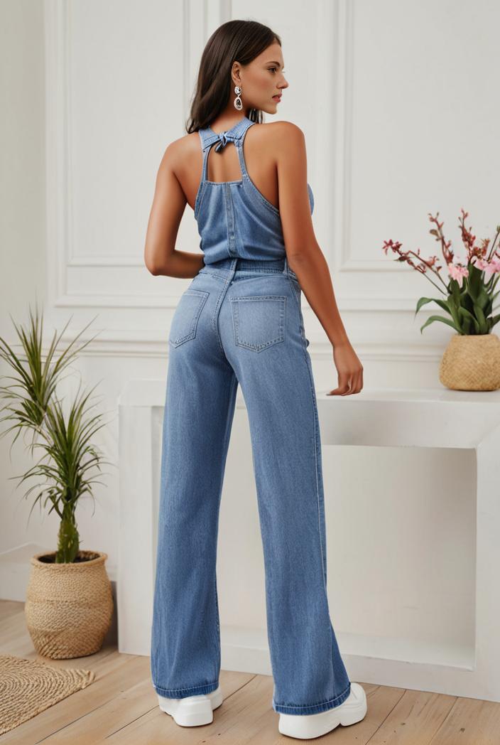 relaxed fit denim jumpsuit with slant pockets non elastic washed denim overalls women s denim apparel 119859