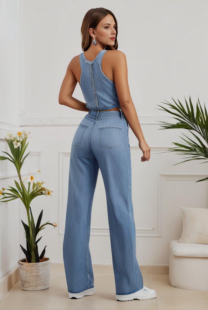 relaxed fit denim jumpsuit with slant pockets non elastic washed denim overalls women s denim apparel 119860