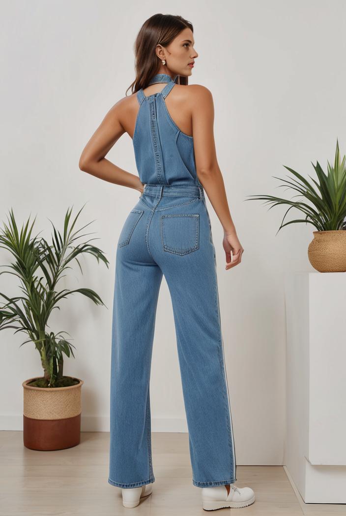relaxed fit denim jumpsuit with slant pockets non elastic washed denim overalls women s denim apparel 119861