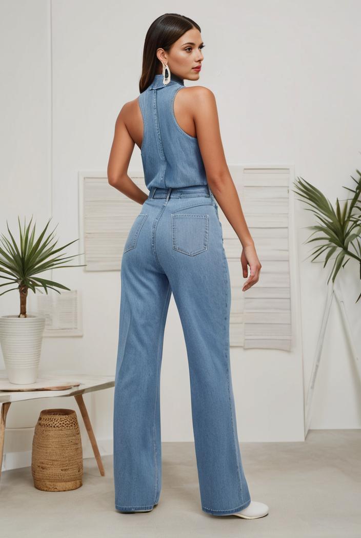 relaxed fit denim jumpsuit with slant pockets non elastic washed denim overalls women s denim apparel 119862