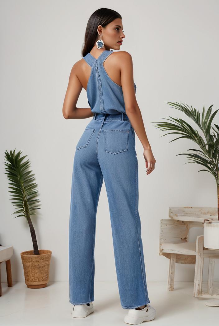relaxed fit denim jumpsuit with slant pockets non elastic washed denim overalls women s denim apparel 119863