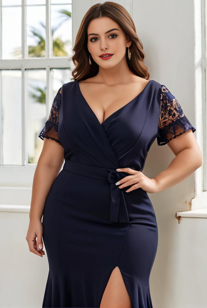 plus size front slit short sleeve with sequin mother of the bride dress 124644