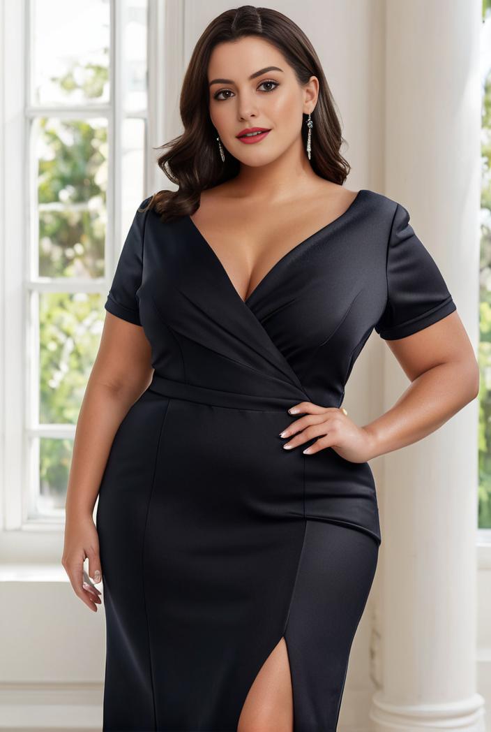 plus size front slit short sleeve with sequin mother of the bride dress 124645