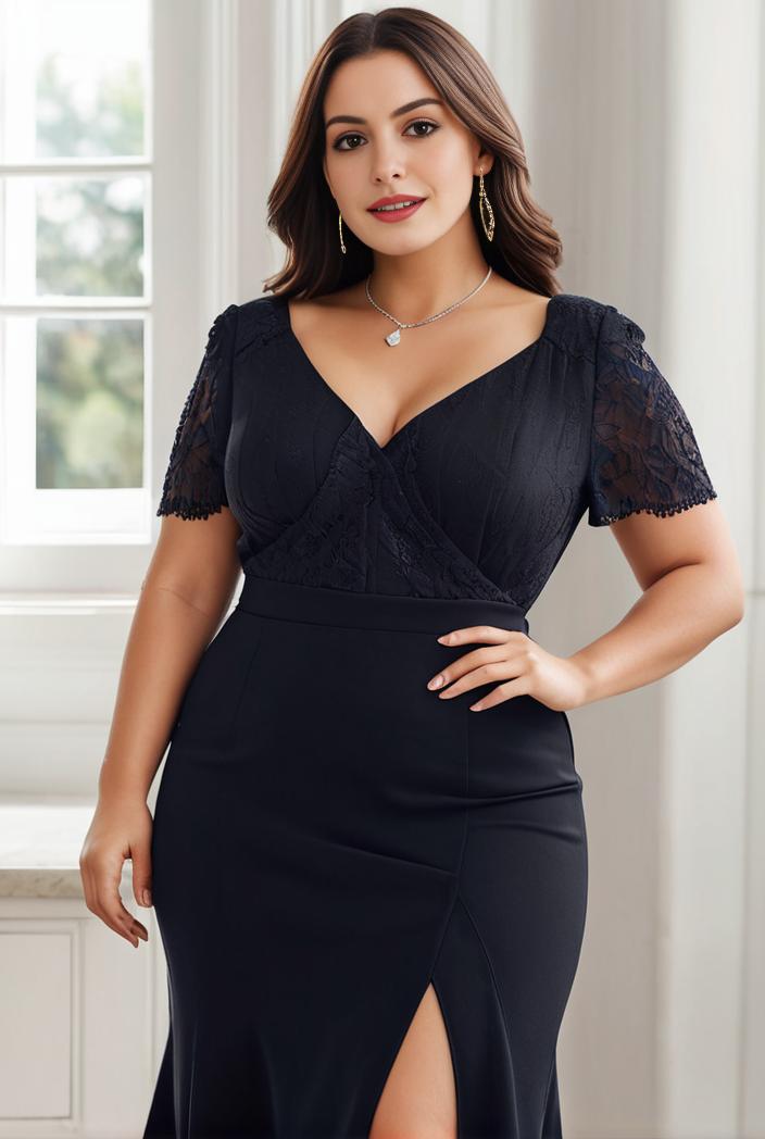 plus size front slit short sleeve with sequin mother of the bride dress 124646