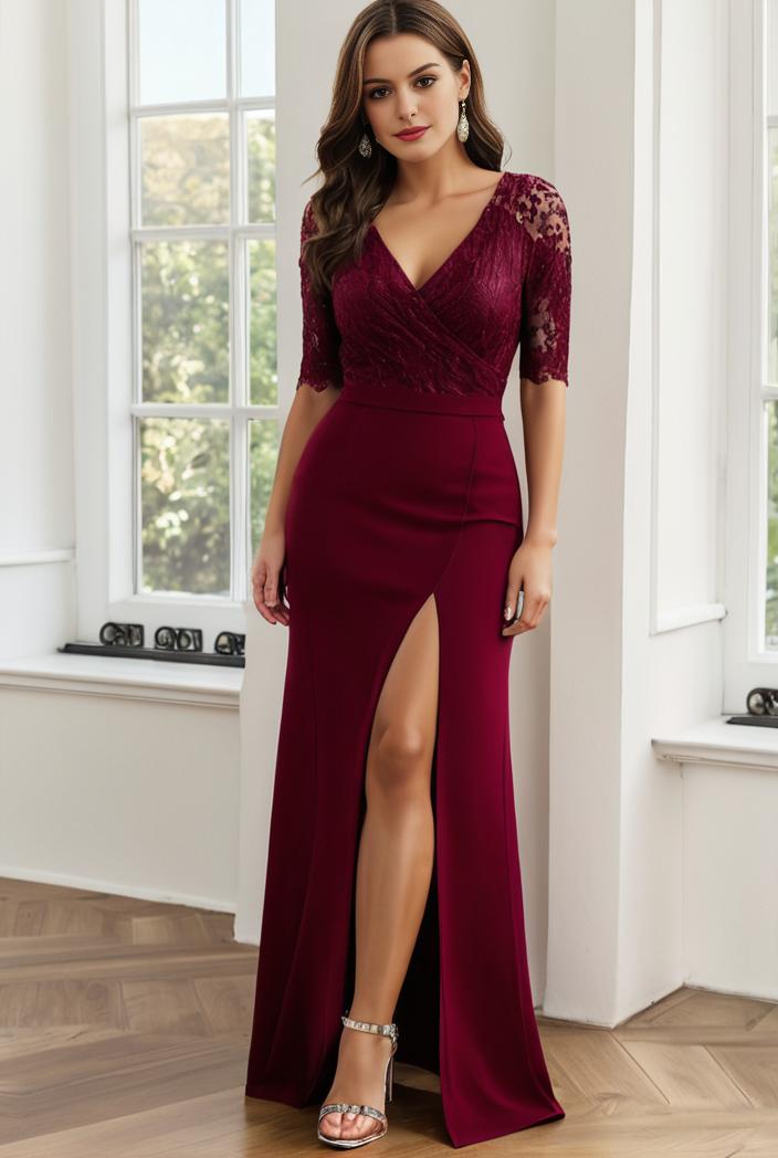plus size front slit short sleeve with sequin mother of the bride dress 124672