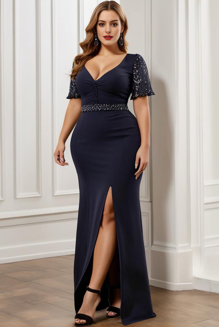 plus size front slit short sleeve with sequin mother of the bride dress 124688
