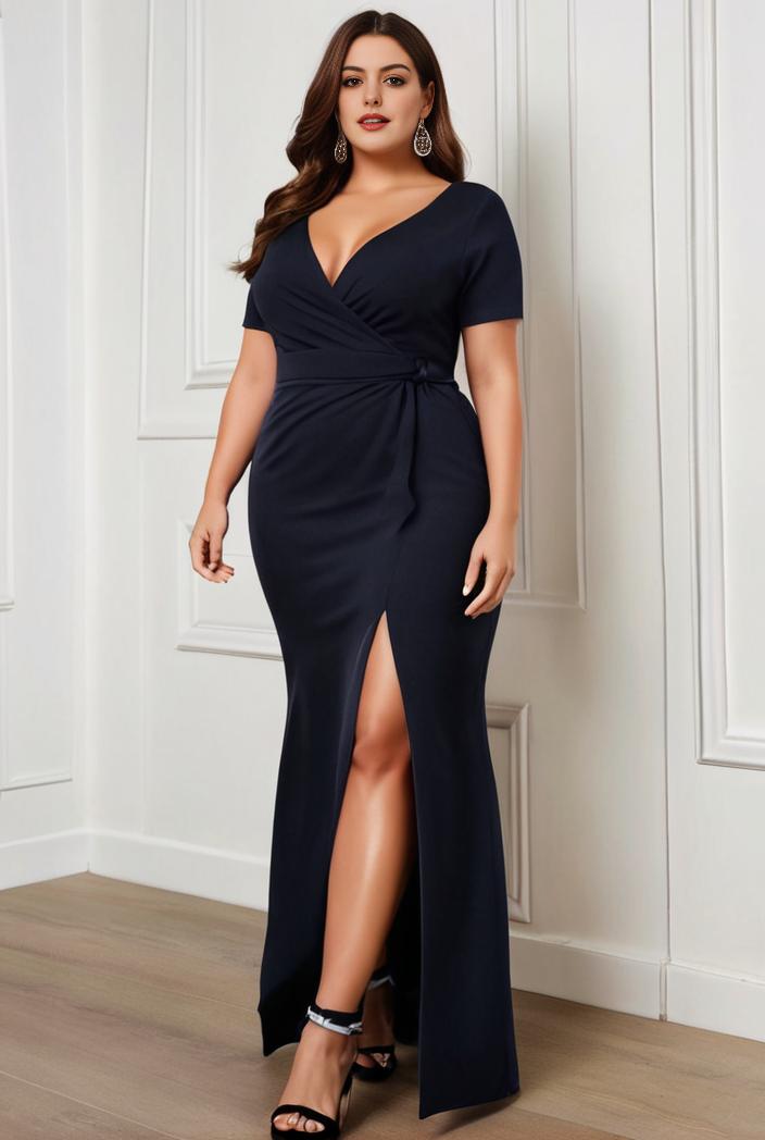 plus size front slit short sleeve with sequin mother of the bride dress 124691