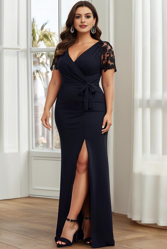 plus size front slit short sleeve with sequin mother of the bride dress 124693