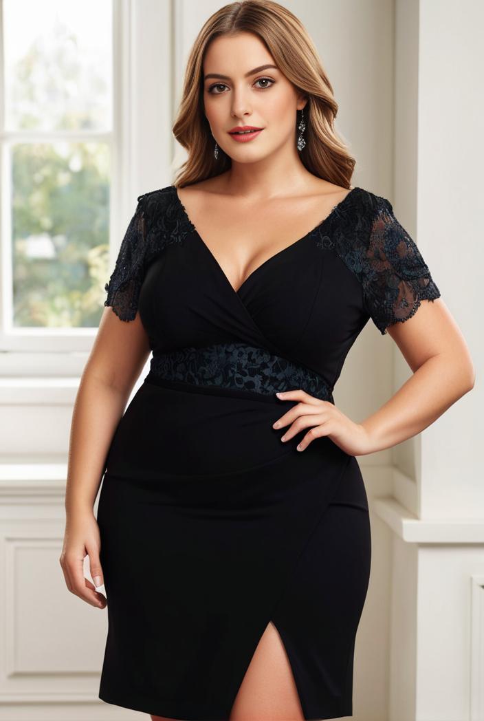 plus size front slit short sleeve with sequin mother of the bride dress 124696
