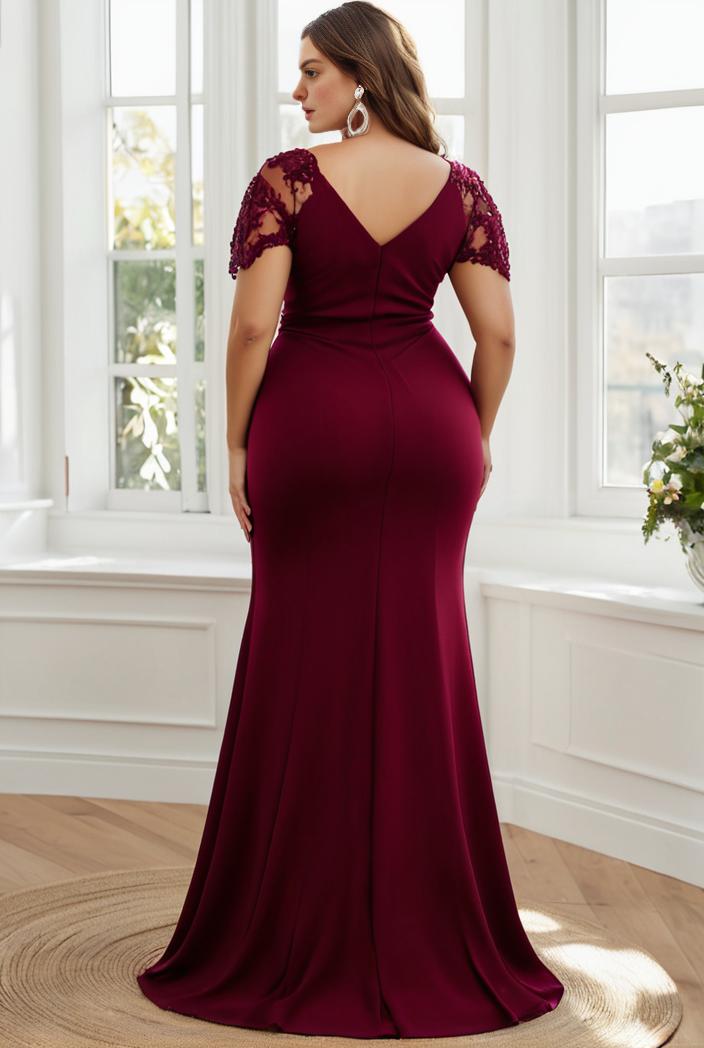 plus size front slit short sleeve with sequin mother of the bride dress 124704