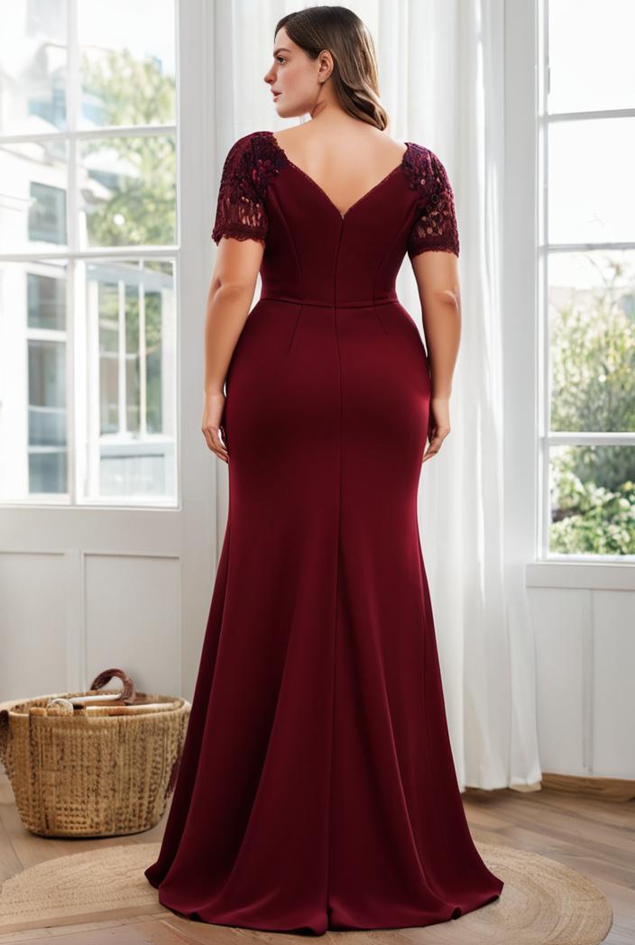 plus size front slit short sleeve with sequin mother of the bride dress 124710