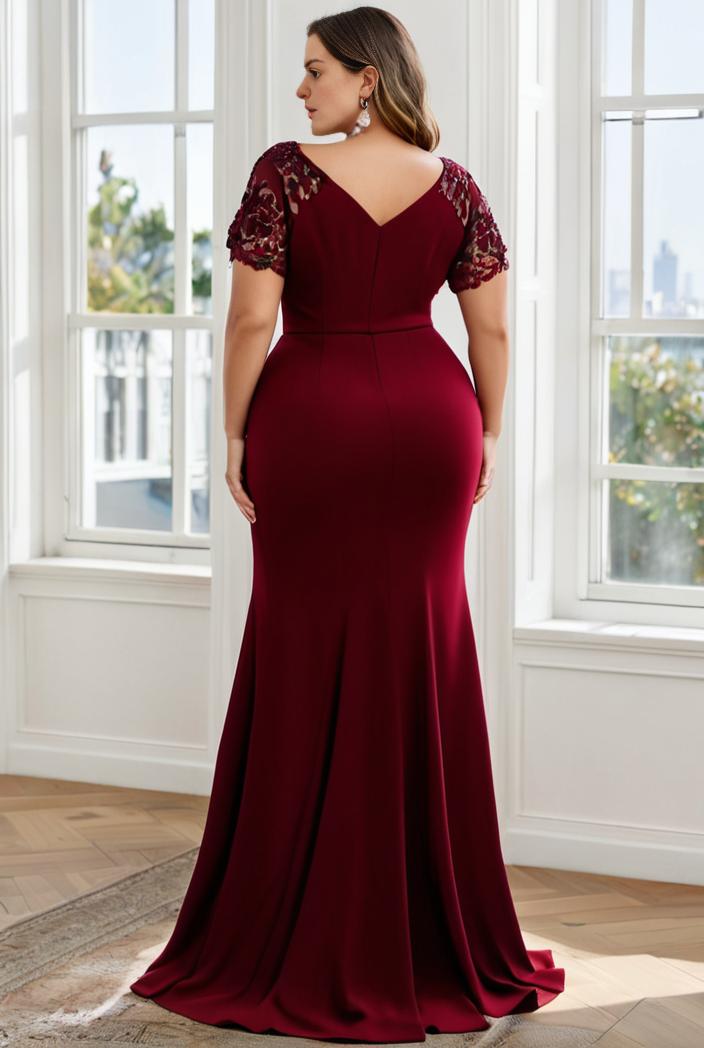 plus size front slit short sleeve with sequin mother of the bride dress 124711