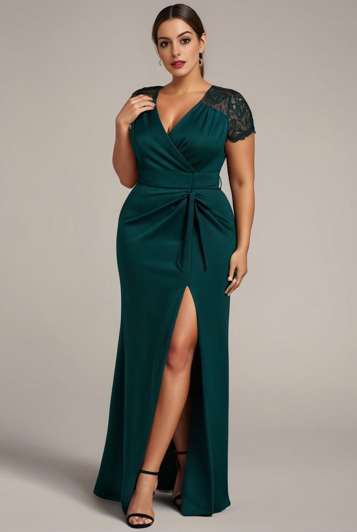 plus size front slit short sleeve with sequin mother of the bride dress 124721