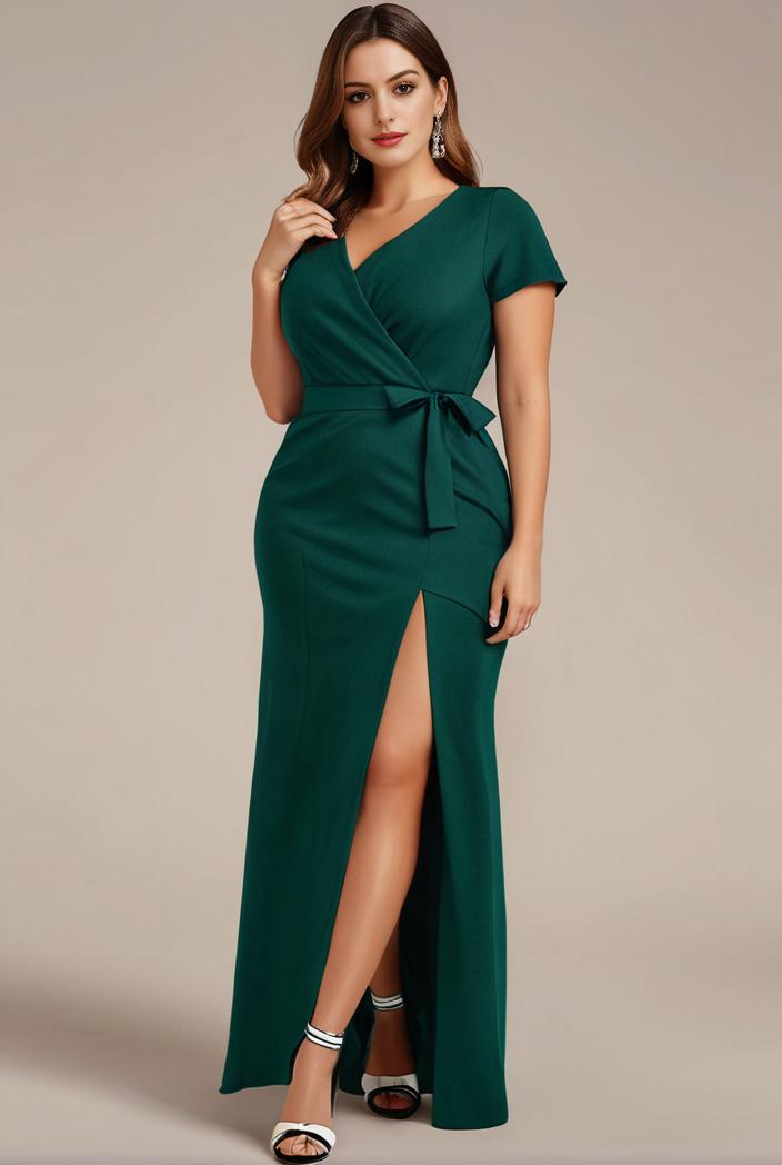 plus size front slit short sleeve with sequin mother of the bride dress 124723