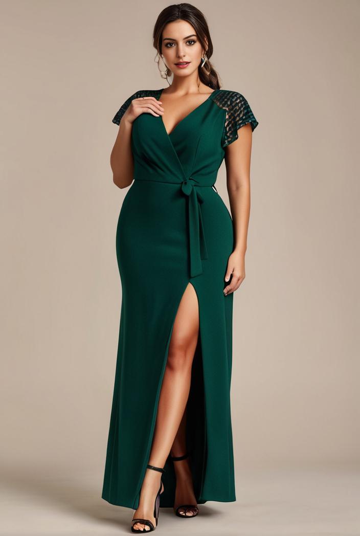 plus size front slit short sleeve with sequin mother of the bride dress 124725