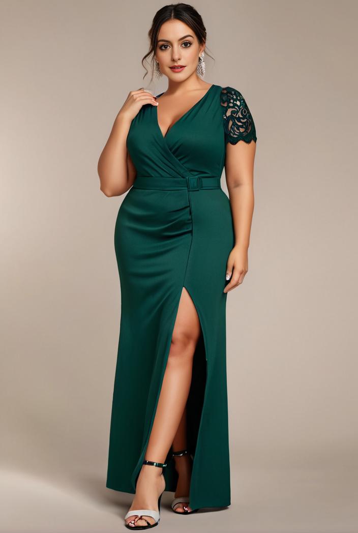 plus size front slit short sleeve with sequin mother of the bride dress 124726