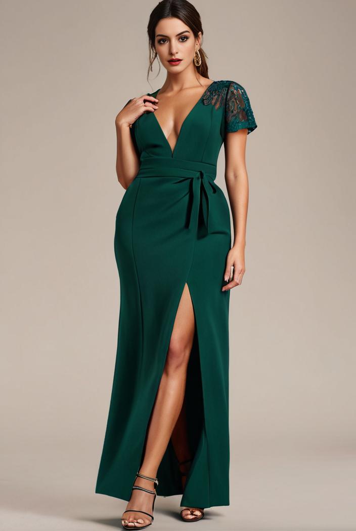 plus size front slit short sleeve with sequin mother of the bride dress 124727