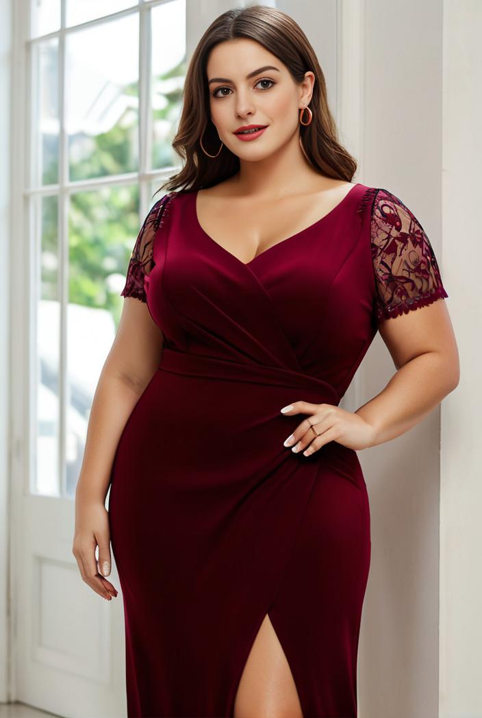 plus size front slit short sleeve with sequin mother of the bride dress 124729