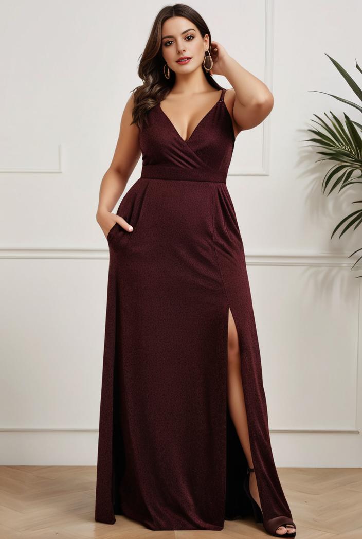 plus size shiny v neck side slit formal evening dress 126211