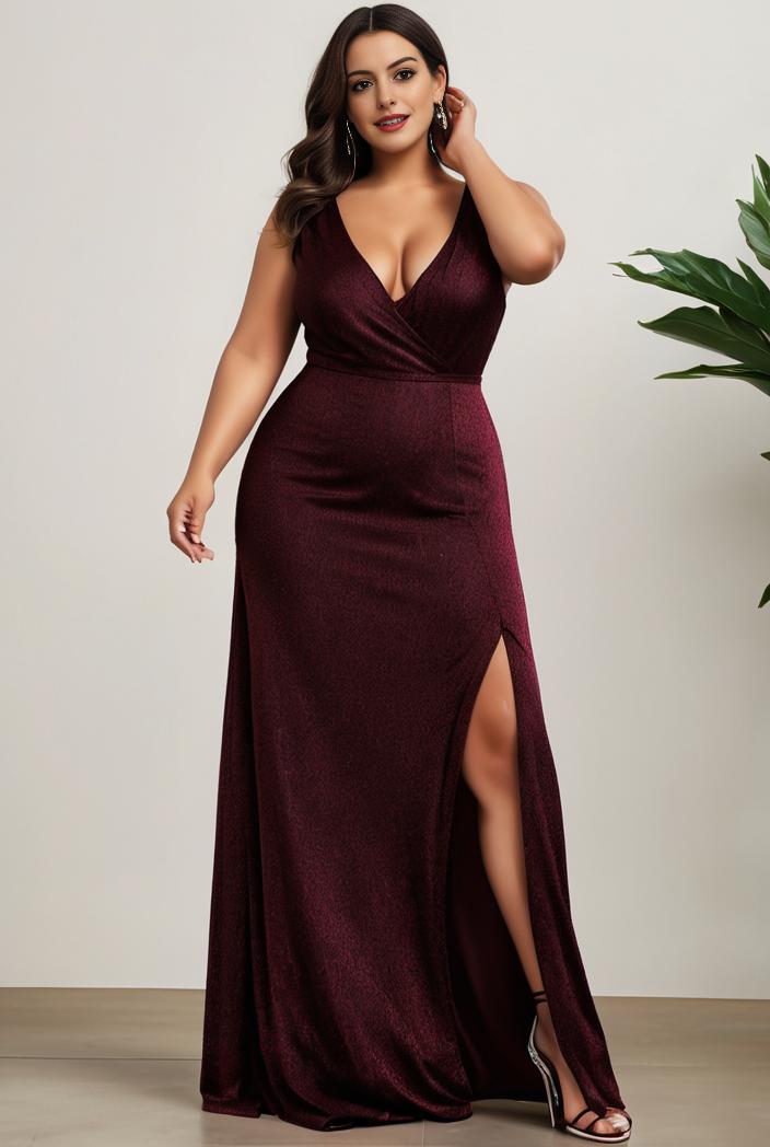 plus size shiny v neck side slit formal evening dress 126212