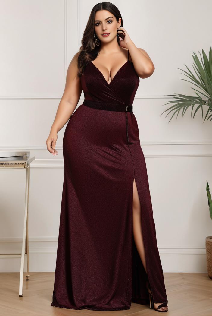 plus size shiny v neck side slit formal evening dress 126214