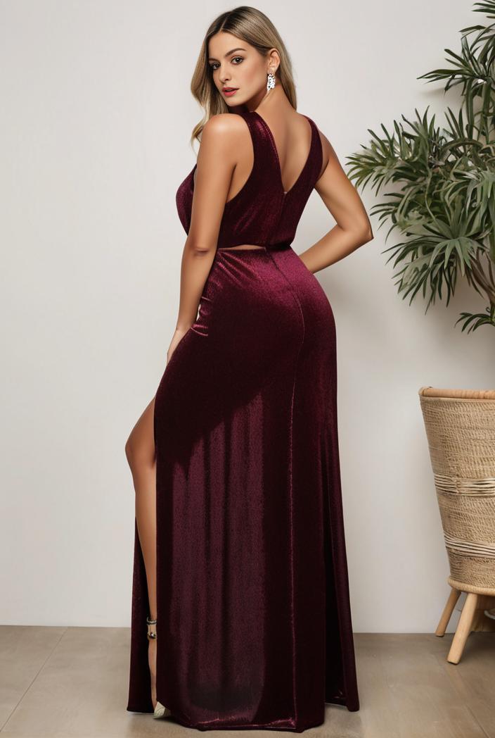 plus size shiny v neck side slit formal evening dress 126217