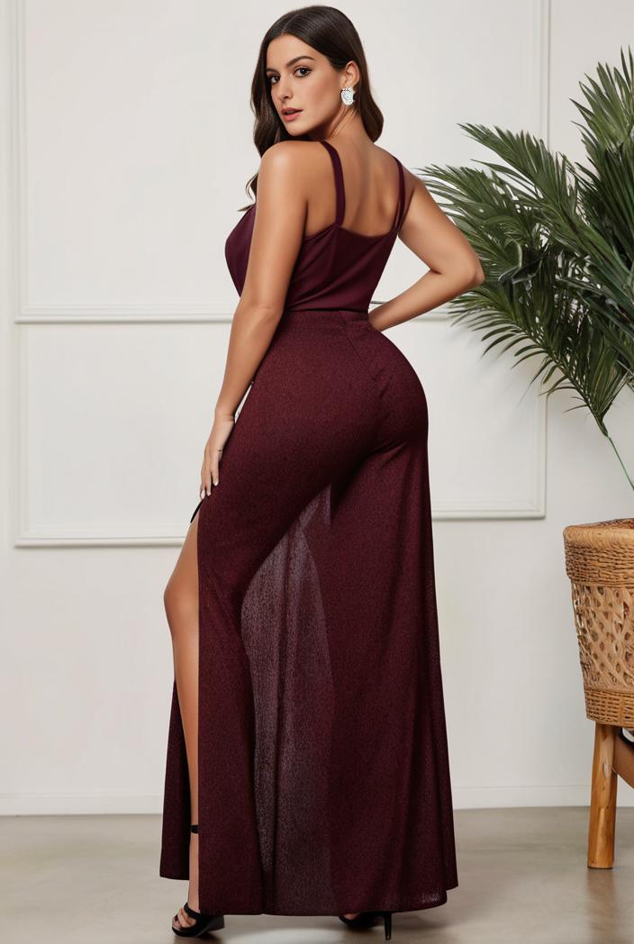plus size shiny v neck side slit formal evening dress 126218
