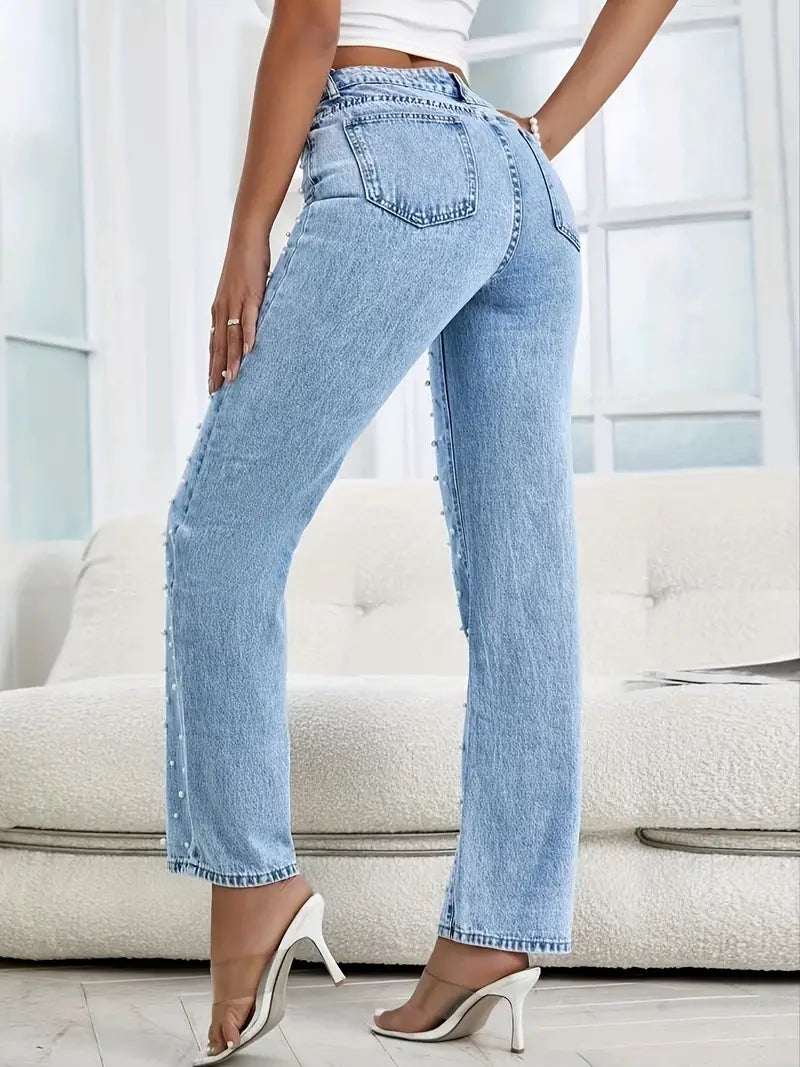 Pearl Embellished Loose Fit Denim Jeans for Women