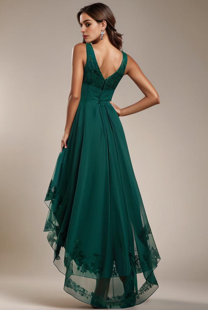 sequin bodice tulle high low evening dress with ribbon waist 128116