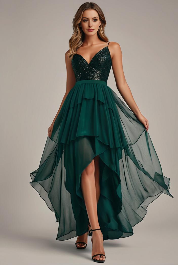 sequin bodice tulle high low evening dress with ribbon waist 128119