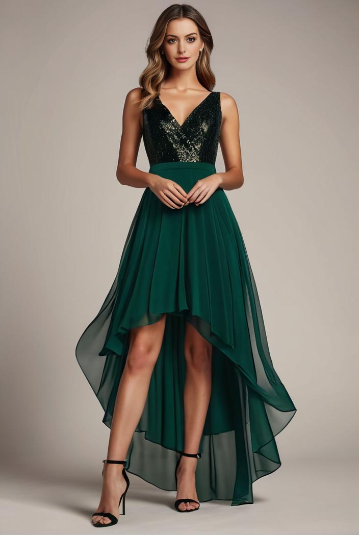 sequin bodice tulle high low evening dress with ribbon waist 128135