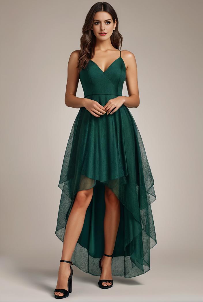 sequin bodice tulle high low evening dress with ribbon waist 128136
