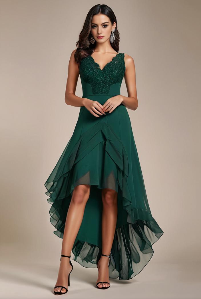 sequin bodice tulle high low evening dress with ribbon waist 128140