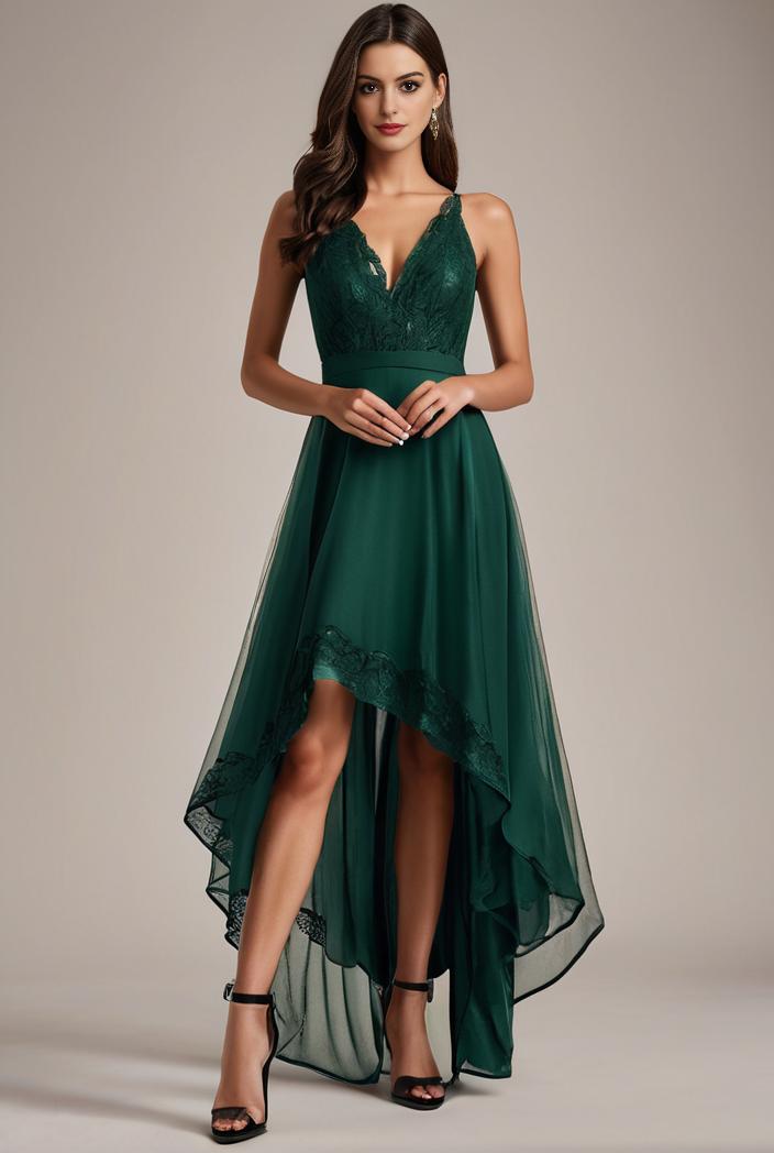 sequin bodice tulle high low evening dress with ribbon waist 128141