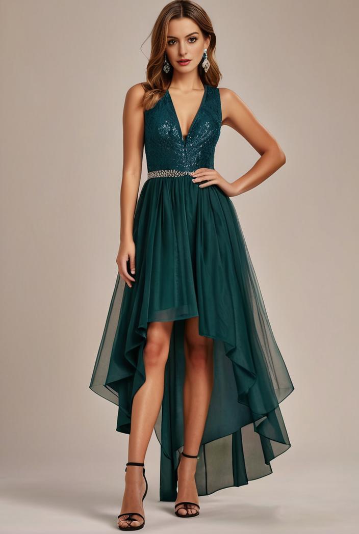 sequin bodice tulle high low evening dress with ribbon waist 128150
