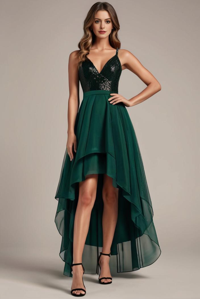 sequin bodice tulle high low evening dress with ribbon waist 128151